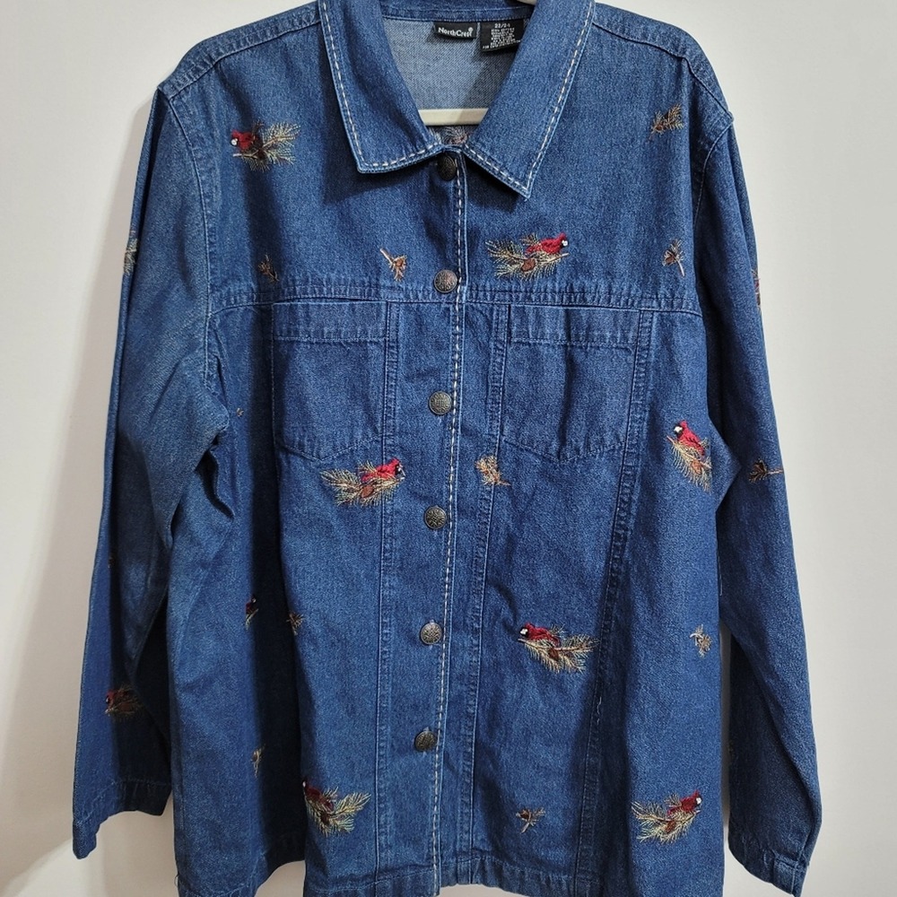 NorthCrest‎ Women's Demin Jean Jacket 22/24 Embroidered Cardinal Button Up NWT